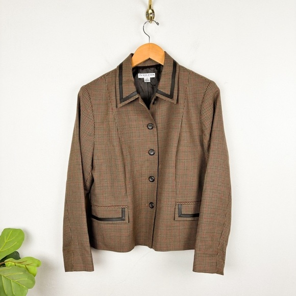 Pendleton Brown Houndstooth Plaid Virgin Wool Leather Trim Blazer Sz 12 - Picture 1 of 9